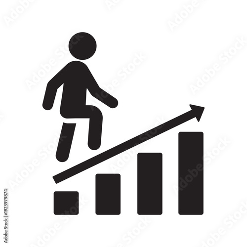Figure walking up an inclined arrow over a bar graph. Concept of consistent growth, market momentum, steady business improvement, and reaching long-term financial objectives.
