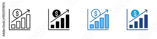 Revenue Growth Multiple Style Icon Design Vector - Bar chart with dollar and upward arrow representing revenue growth, financial performance, and profit increase