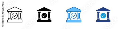 Certified Bank Multiple Style Icon Design Vector - Bank building with checkmark representing certified institution, financial approval, and trusted banking service