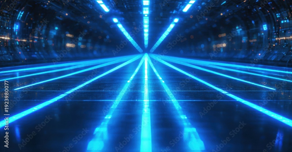 Fototapeta premium Futuristic tunnel glows brightly. Blue light streaks converge toward distant point. Dark walls frame intense illumination. Digital aesthetic dominates scene.