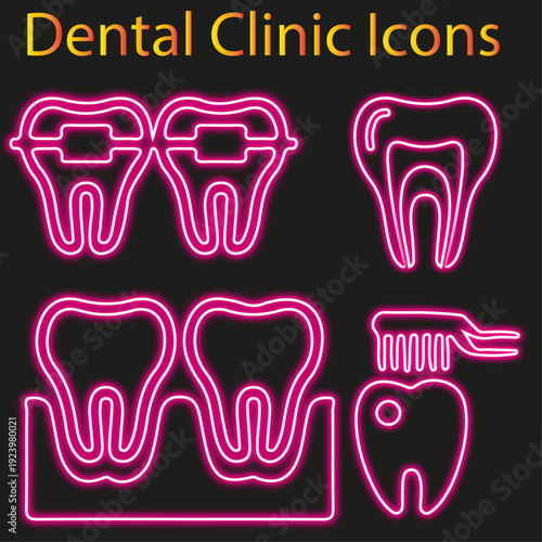 Neon dental icons showcasing teeth toothbrush and oral hygiene concepts