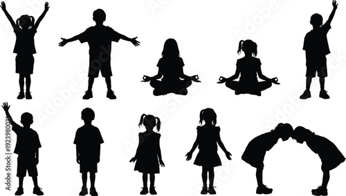 Set of Children Silhouettes Standing, Meditating and Raising Hands in Different Poses Isolated on White Background