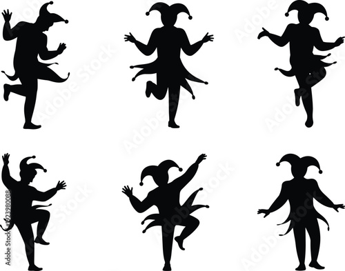 Set of Jester Silhouettes in Playful Dancing Poses with Traditional Costume Isolated on White Background