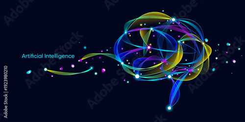 Illustration of abstract brain. Artificial intelligence. Big data, technology, AI, data transfer, data flow, large language model, generative AI, LLM, NLP. NLG, AI brain