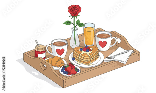Romantic breakfast in bed tray with heart pancakes, coffee, and rose