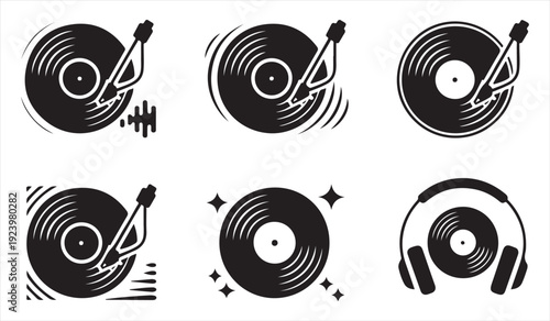 Retro Vinyl Record Player Icon Collection with Headphones and Sound Waves