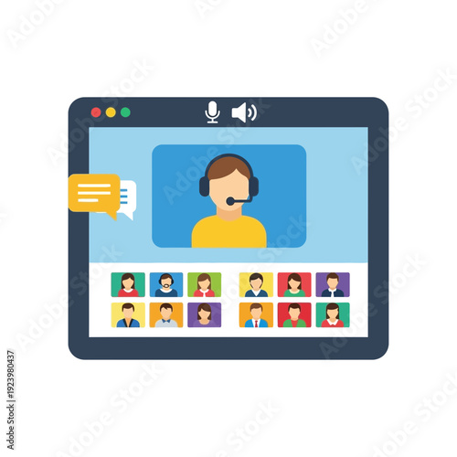 Virtual meeting with multiple participants, one speaking with a headset.