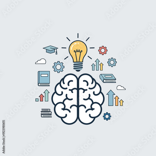Illustration of a brain with a light bulb and various educational icons around it.