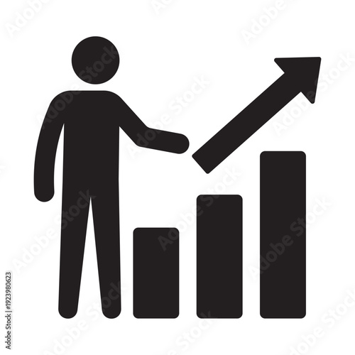 Figure walking up an inclined arrow over a bar graph. Concept of consistent growth, market momentum, steady business improvement, and reaching long-term financial objectives.