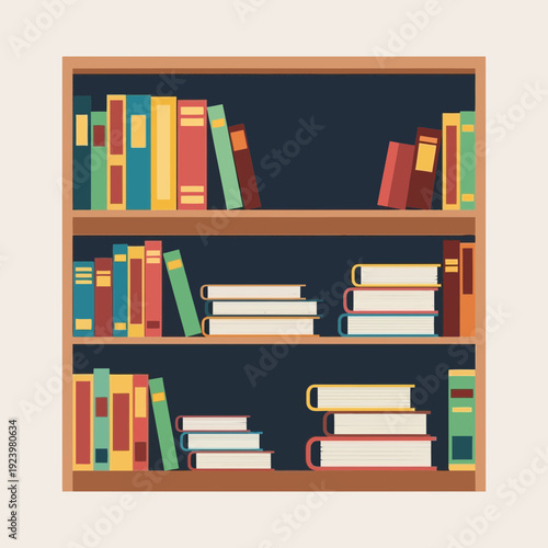 Illustration of a wooden bookshelf filled with colorful books.