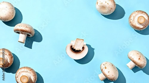 Mushrooms arranged on blue background