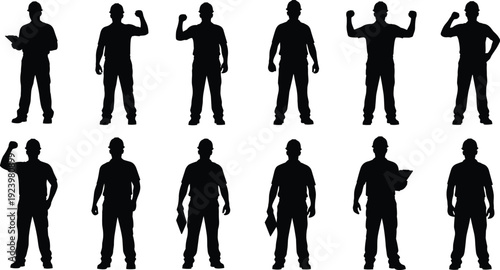 Construction Workers and Engineers Silhouette Set Featuring Professional Men in Hard Hats Holding Clipboards and Posing for Industrial Labor Projects