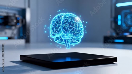 Floating digital brain in futuristic lab