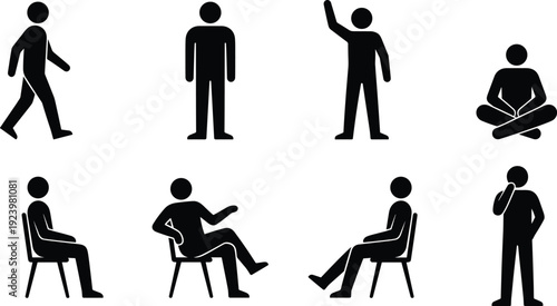 Human activity silhouette icon set featuring standing, walking, sitting, thinking, greeting, and meditation poses representing daily lifestyle and body language concepts