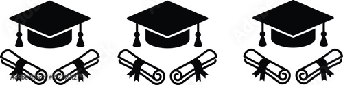 Graduation cap and diploma icon set representing academic achievement, education success symbols, minimalist graduation illustration for school, university, and learning concepts