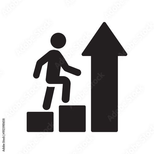 Minimalist icon of a person climbing steps leading to a large upward arrow. Symbolizes career progression, personal growth, moving up the ladder, and reaching success milestones.