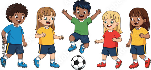 Diverse Group of Happy Cartoon Children Playing Soccer Outdoors Together Having Fun With Football on White Background for Sports Concept