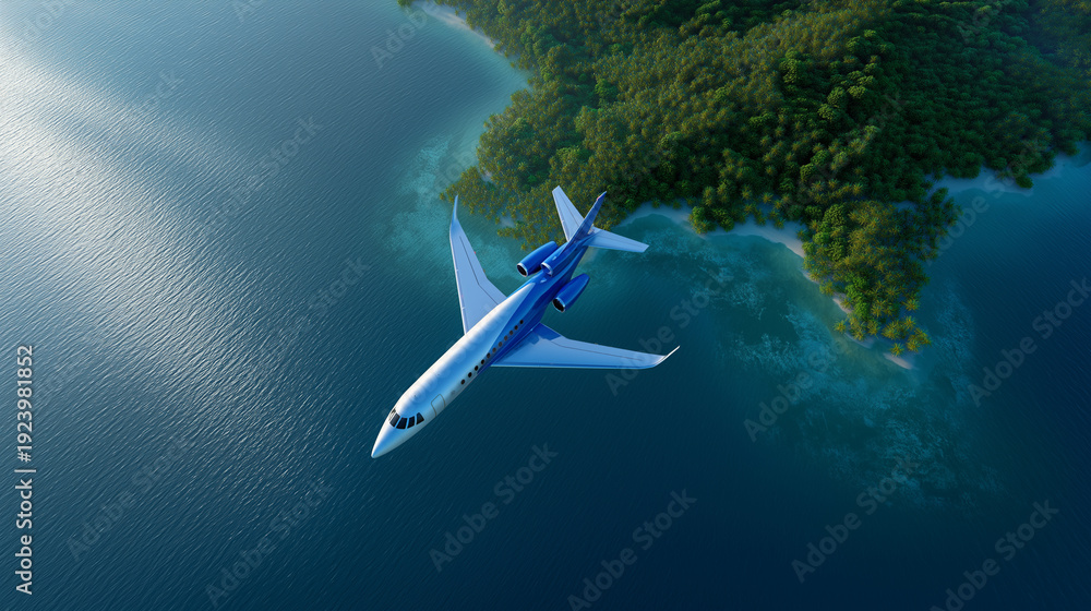 Fototapeta premium Airplane flying above tropical island surrounded by turquoise ocean.