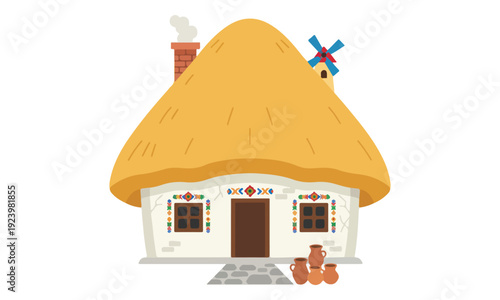 Traditional Ukrainian House with Thatched Roof, Windmill, and Folk Patterns