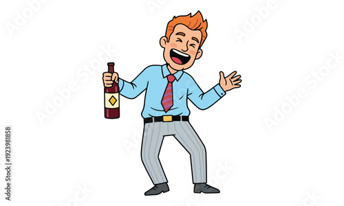 Happy Cartoon Man Laughing and Holding Bottle of Alcohol