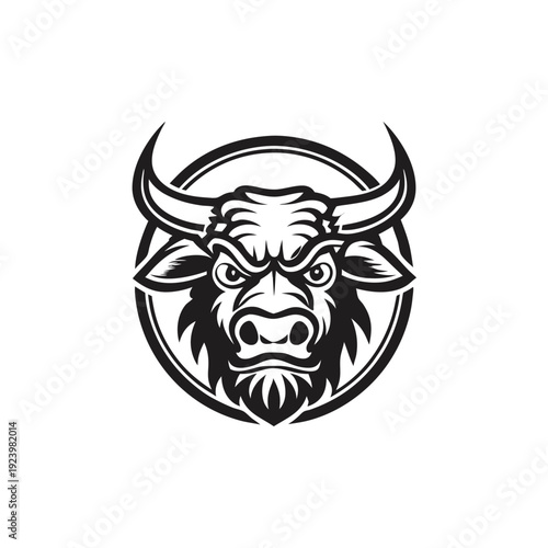 Bold monochrome bull head emblem stares intensely, its powerful horns curved upwards menacingly