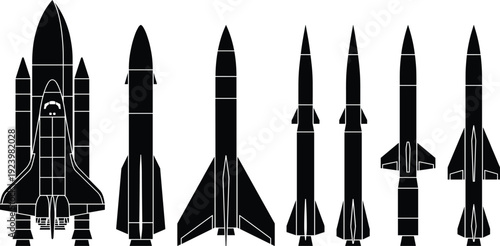 Space, shuttle, rocket, missile, silhouette, vector, collection, aerospace, technology, launch, exploration, science, aviation, transport, vehicle, craft, icon, set, isolated, black, flat
