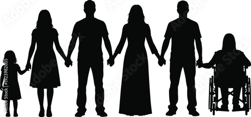 Family diversity silhouette illustration showing parents, children, and wheelchair user holding hands representing inclusion, unity, support, and social togetherness concepts