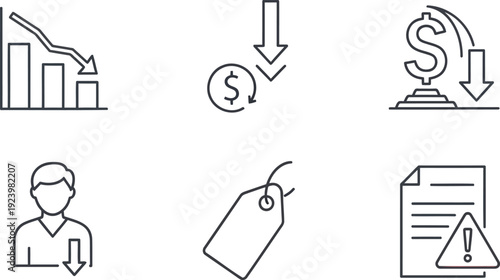 Business Decline and Financial Warning Outline Icons Set – Analytics and Finance Vector