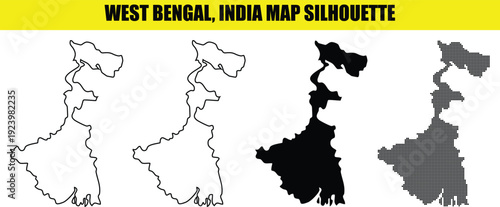 West bengal india map silhouette set vector white outline filled and dotted graphics isolated on transparent background