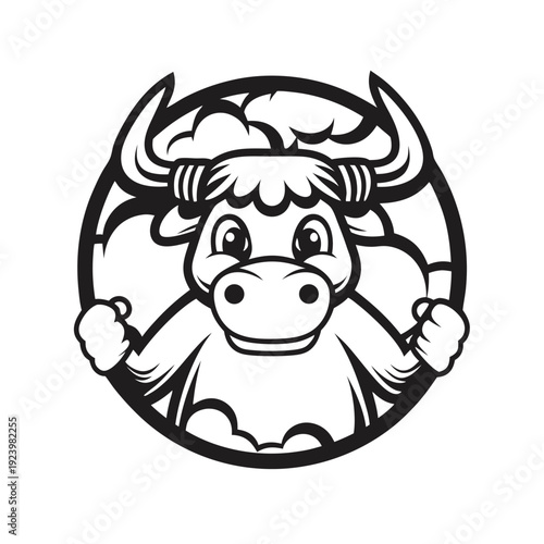 Smiling cartoon cow head outlined in black and white appears happy
