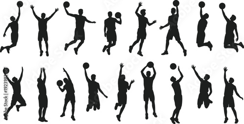 PrintBasketball player silhouettes, dynamic poses, dribbling, shooting, dunking, jumping, sports action, athletic movement, teamwork, competition, training, vector illustration