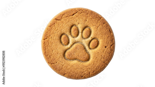 Obraz na plátně Isolated baked cookie with paw print, sweet dessert treat, golden brown biscuit