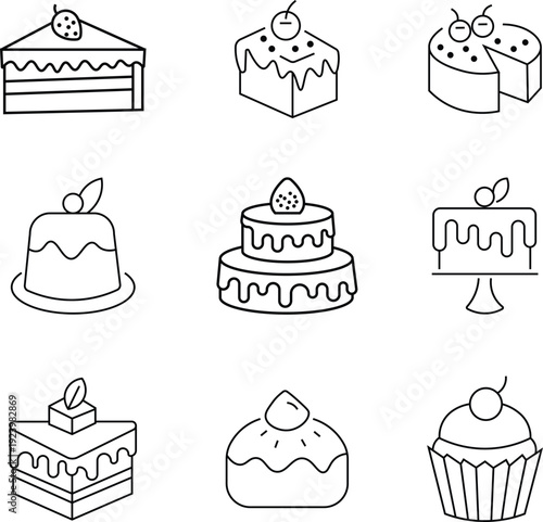Collection of cake thin line Icon. Layered and decadent french dessert symbol. Bakery food icons set with bread cake donut and dessert shapes. Vector illustration.