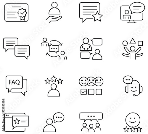 Collection of customer service technical line icon set. Containing message, phone, chat, support, address, virtual meeting, question support, buyer, shopping, conversion and more. Vector illustration.