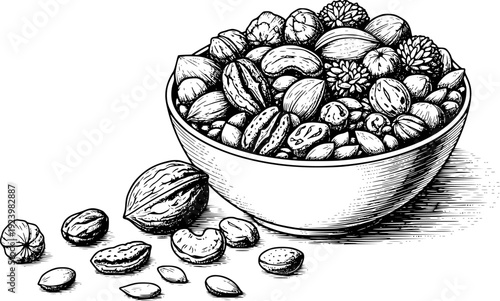 Detailed black and white line of a bowl overflowing with assorted nuts and seeds scattered around