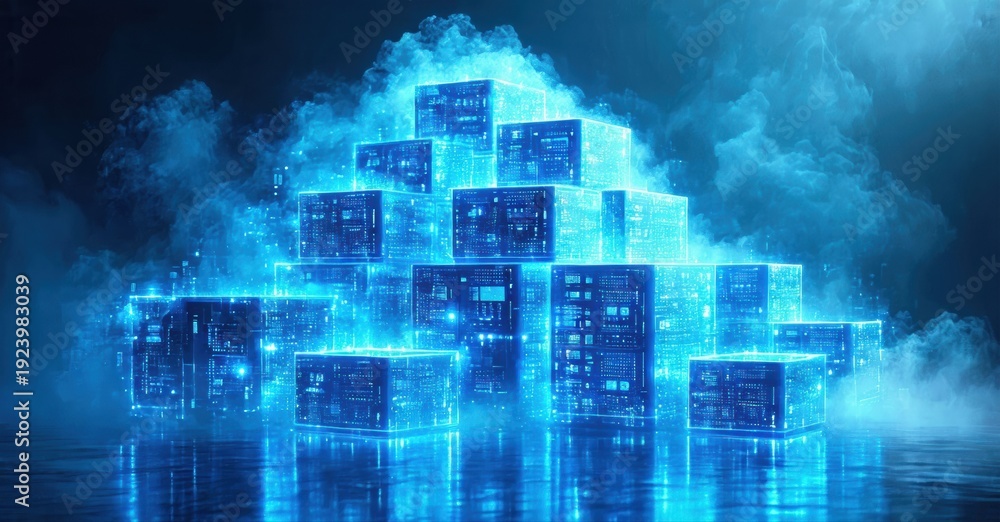Obraz premium Pyramid structure composed glowing blue cubes. Dramatic lighting, smoke effects create futuristic digital scene. Complex network visible within blocks.