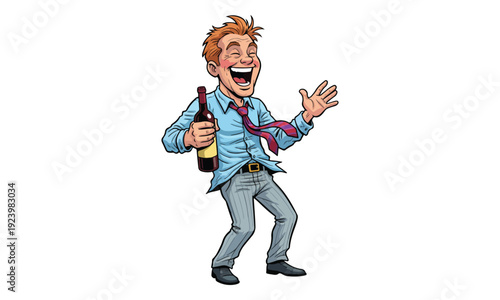 Cartoon Businessman Laughing Loudly While Holding Wine Bottle