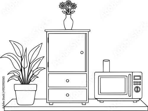 Line of a potted plant cabinet and microwave a shelf
