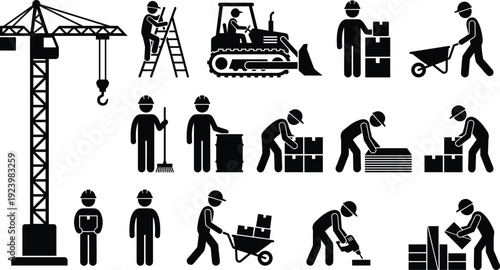 Construction worker and heavy equipment icon collection featuring crane, bulldozer, material handling, and building labor silhouettes for industrial construction concepts