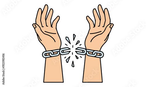 Broken Chain on Wrists, Hands Raised in Freedom Illustration