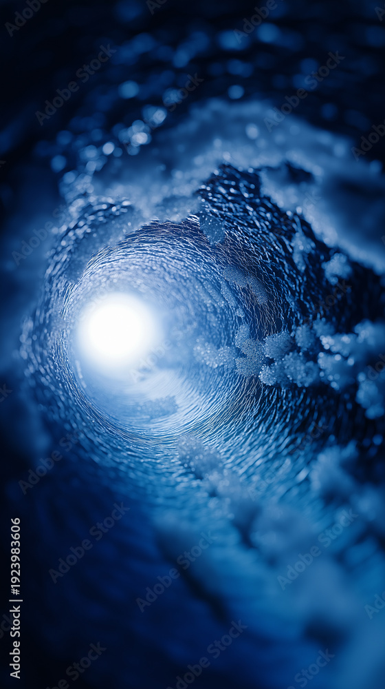 Fototapeta premium View from inside icy tunnel looking toward bright light opening.