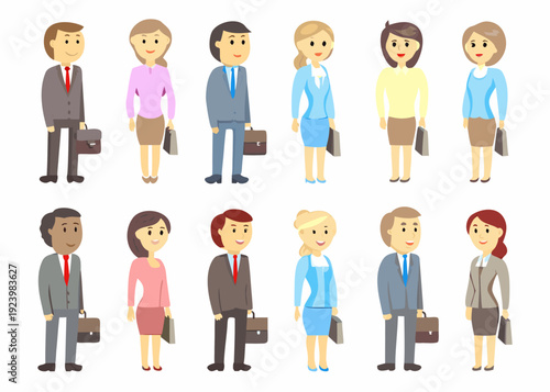 Diverse group of cartoon businesspeople standing in two rows
