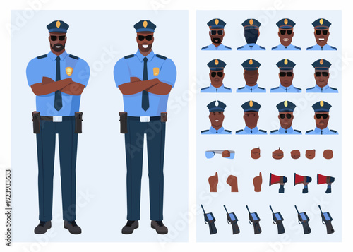 Cartoon police officer character design sheet with various poses and accessories