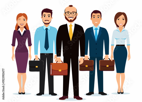 A diverse group of five business professionals standing in a row