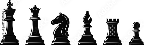 Chess pieces silhouette collection featuring king, queen, knight, bishop, rook, and pawn symbols representing strategy, competition, and intellectual game concepts