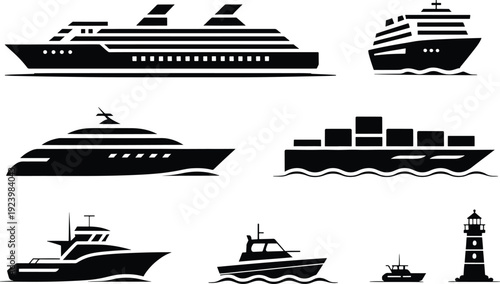 set of silhouettes of boats