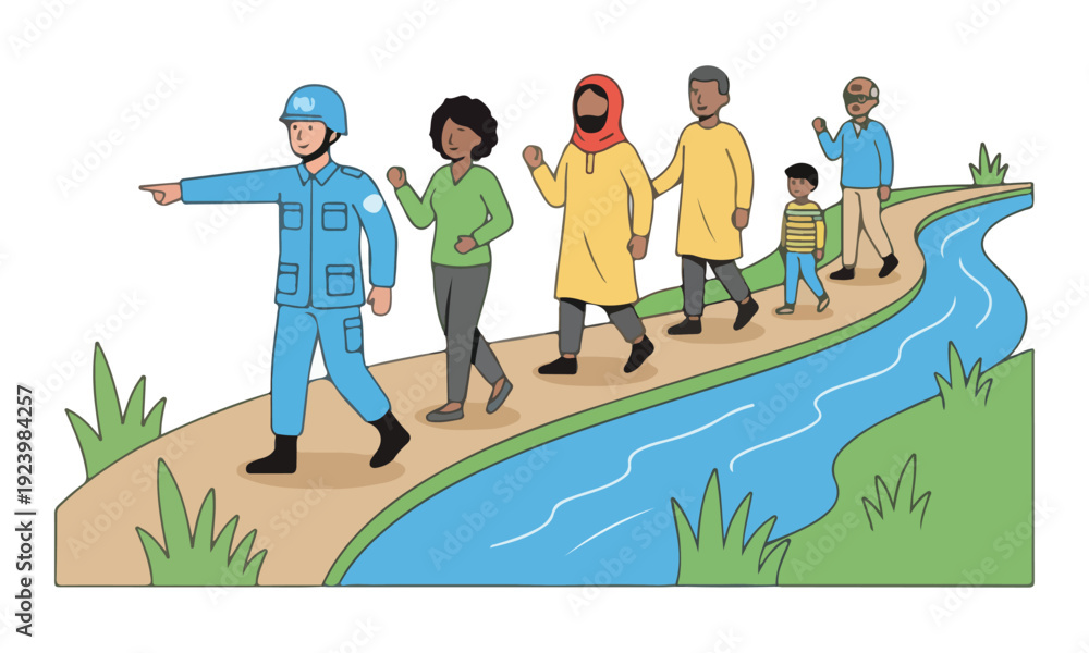 Fototapeta premium UN Peacekeeper Guiding Diverse Group Along River Path