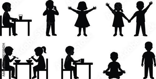 Children daily activities silhouette icon collection featuring eating, playing, greeting, relaxing, and social interaction poses representing healthy childhood lifestyle concepts