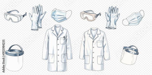 A collection of hand-drawn personal protective equipment including lab coats, gloves, face masks, goggles, and face shields.
