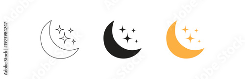 A celestial set of moon and stars icons, presented in outline, solid black, and golden yellow variations, isolated on a white background representing night time and dreams.